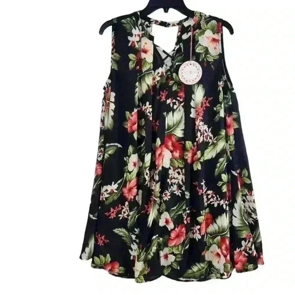 NWT Umgee Tunic Dress Size S Black Multicolor Floral Split Neck Hawaiian *READ